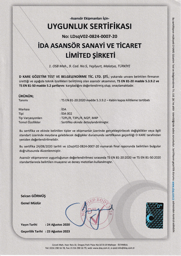 İDA Asansör kalite belgesi 12