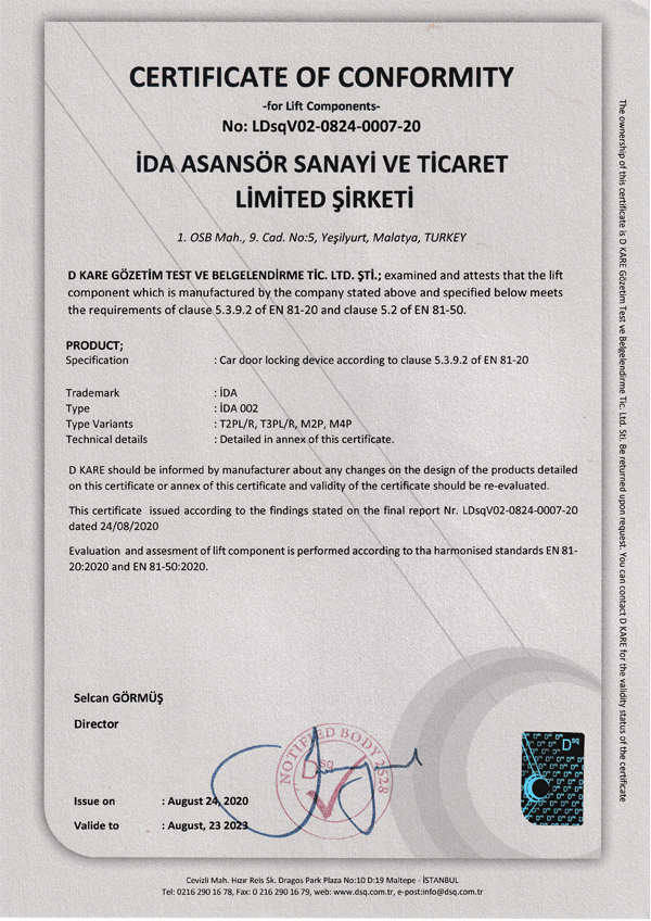 İDA Asansör kalite belgesi 13